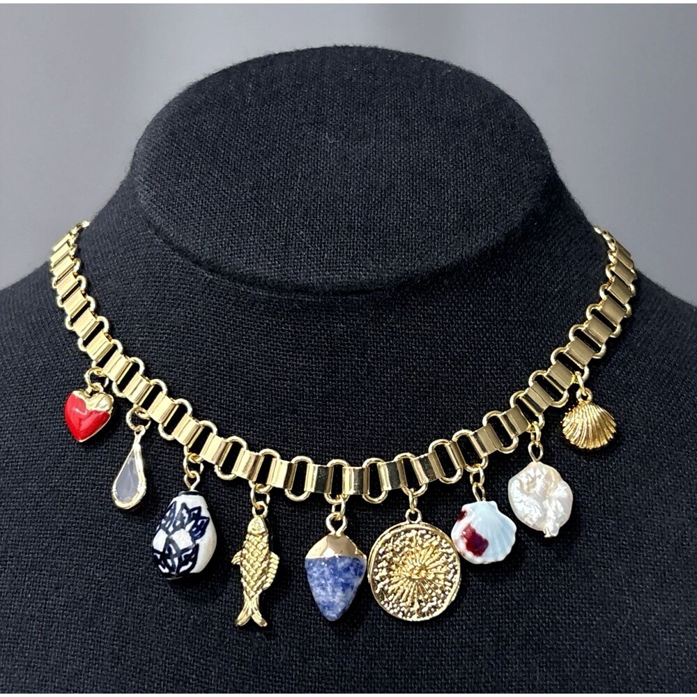 Piper K Charm Necklace Statement Beachy Fish Gold Tone Book Chain Summer NEW